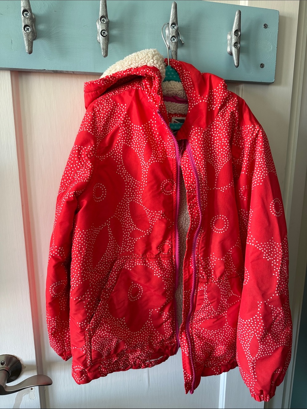 Mini Boden Sherpa-lined Anorak Puffer Jacket with Hood and Dot Floral Design